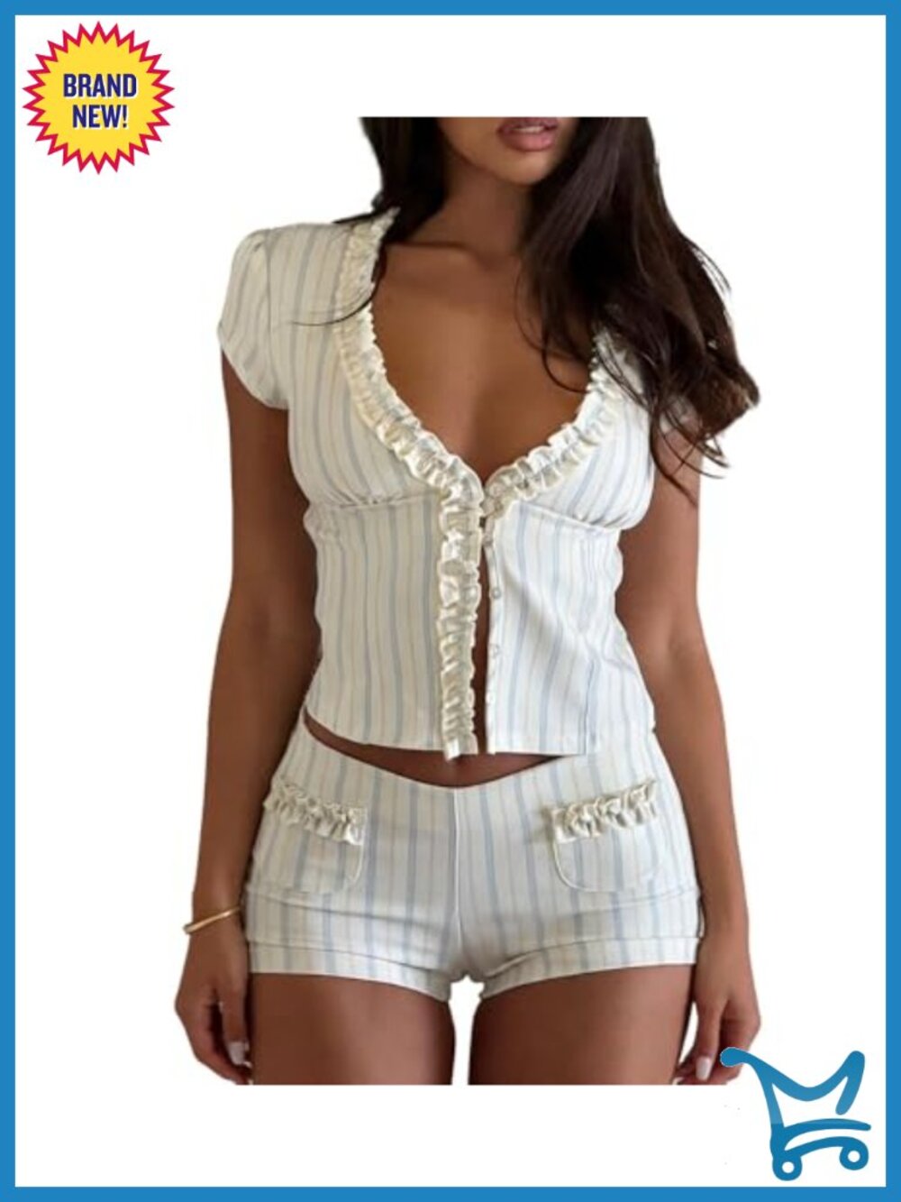 V Neck Crop Top and Shorts Set Striped Ruffle Hem 2 Piece